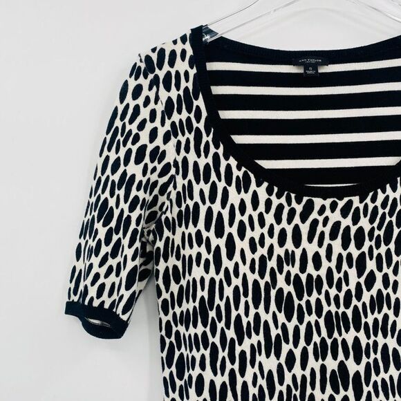 Ann Taylor Size Small Black & White Polka Dot Striped Short Sleeve Sweater Dress - Picture 4 of 8